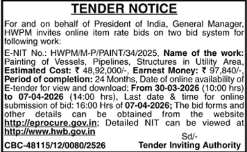 Tender Notice- General Manager of HWPM
