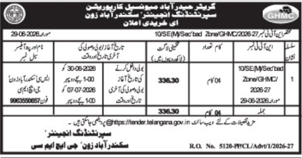 Tender Notice: GHMC Secunderabad Zone Engineering Projects
