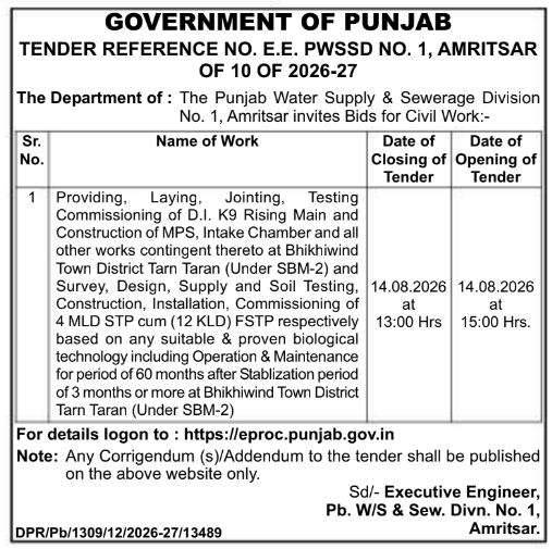 Tender Notice: Government of Punjab Civil Works