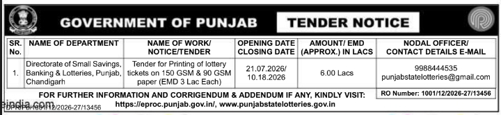 Tender Notice: Government of Punjab Lottery Printing