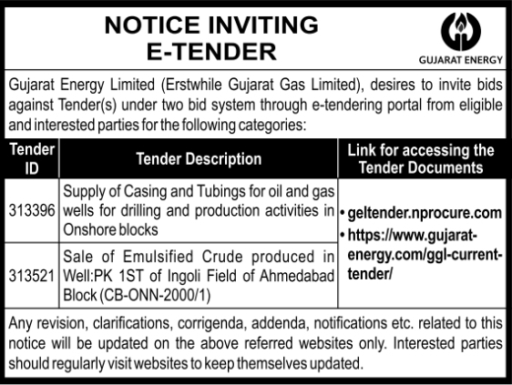 Tender Notice: Gujarat Energy Limited O&G Supply & Crude Sale