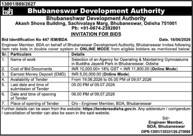Tender Notice: Gymnasium Operation and Maintenance BDA Bhubaneswar