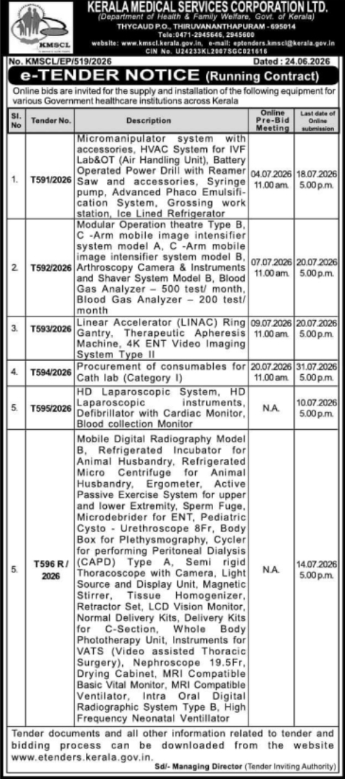 Tender Notice: Healthcare Equipment Supply by Kerala Medical Services Corporation