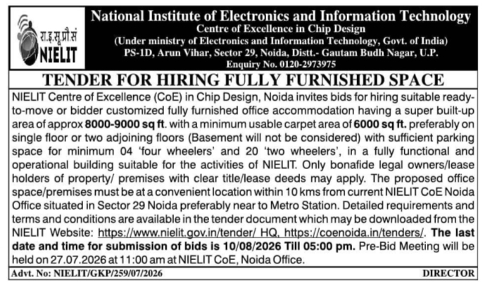 Tender Notice: Hiring Fully Furnished Space at National Institute of Electronics and Information Technology