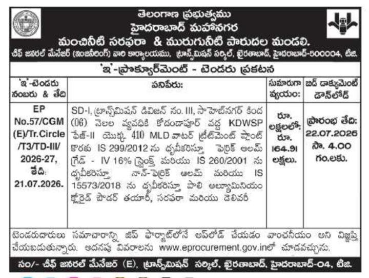 Tender Notice: HMWSSB Chemical Supply Project