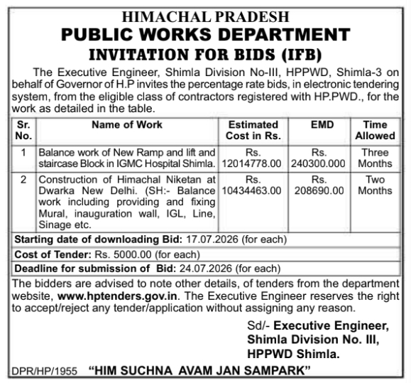 Tender Notice: Hospital and Institutional Civil Works by HPPWD Shimla