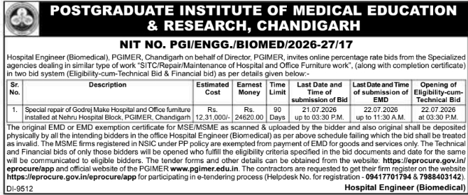 Tender Notice: Hospital Furniture Repair for PGIMER, Chandigarh