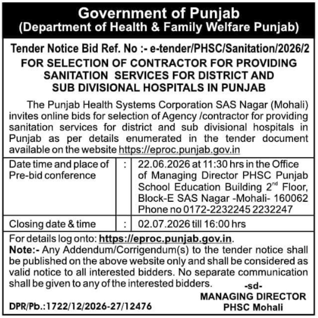 Tender Notice: Hospital Sanitation Services PHSC Punjab