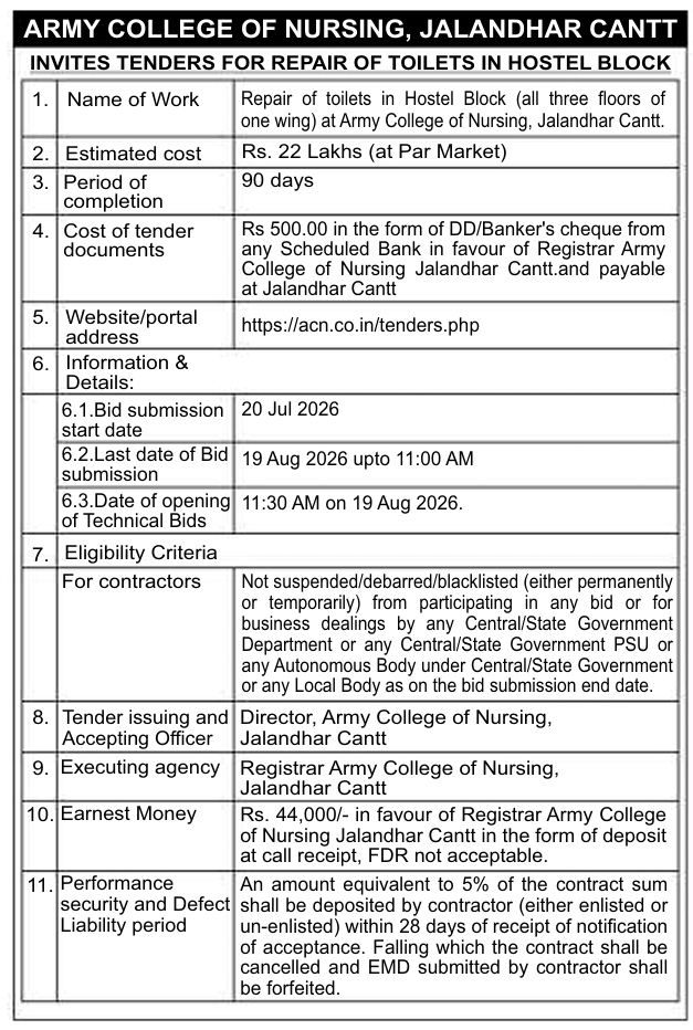 Tender Notice: Hostel Block Toilet Repair Work