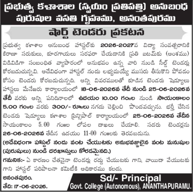 Tender Notice: Hostel Supplies and Kitchen Staff Recruitment Ananthapuramu
