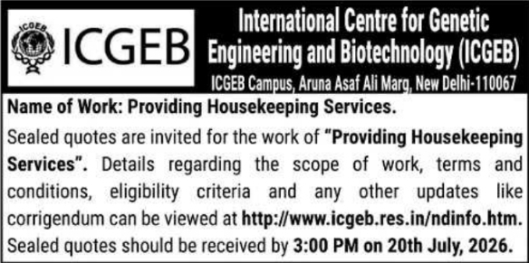 Tender Notice: Housekeeping Services at ICGEB, New Delhi
