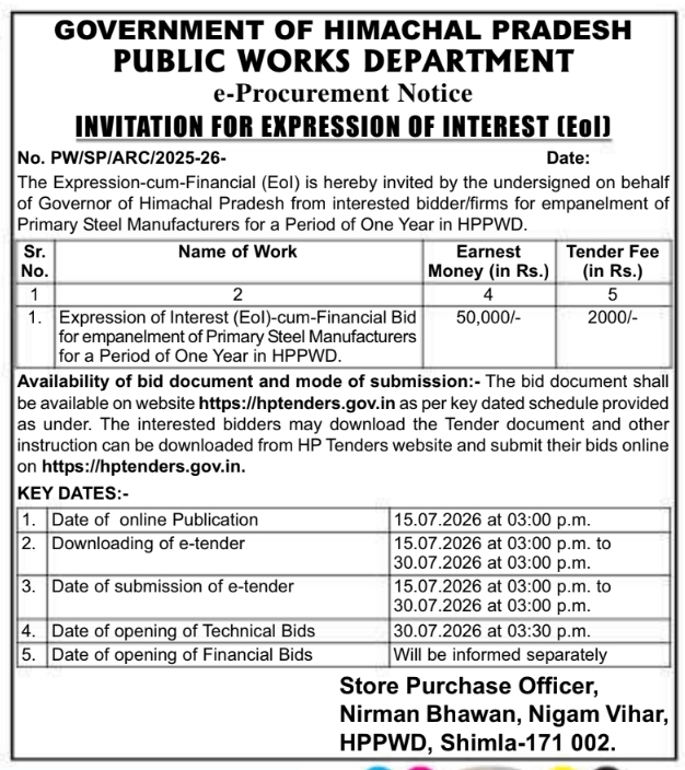 Tender Notice: HPPWD Primary Steel Manufacturers Empanelment