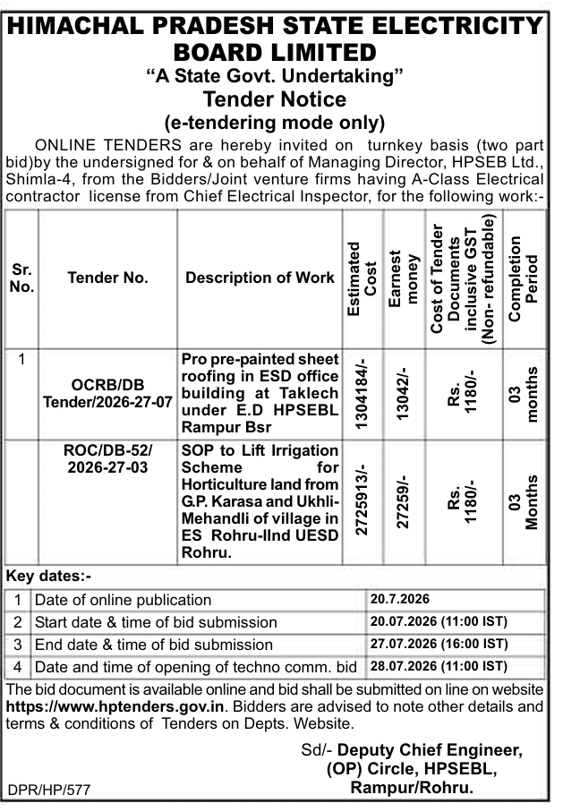 Tender Notice: HPSEBL Electrical and Infrastructure Works