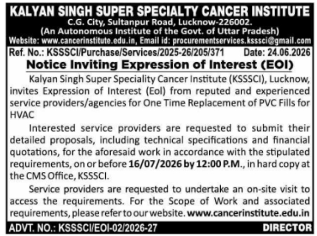 Tender Notice: HVAC PVC Fills Replacement by Kalyan Singh Super Speciality Cancer Institute