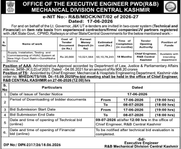 Tender Notice: HVAC System Installation PWD Central Kashmir