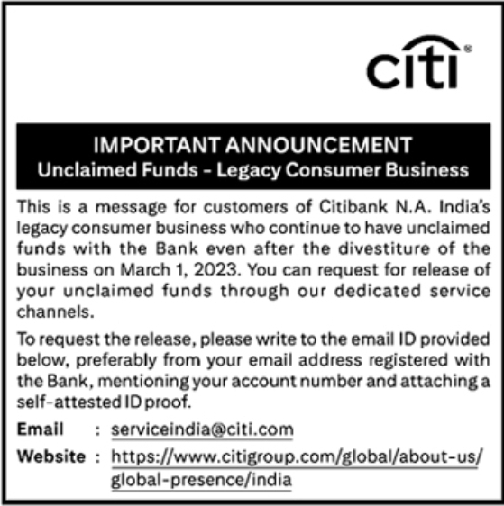 Tender Notice: Important Announcement Regarding Unclaimed Funds for Citibank N.A. India