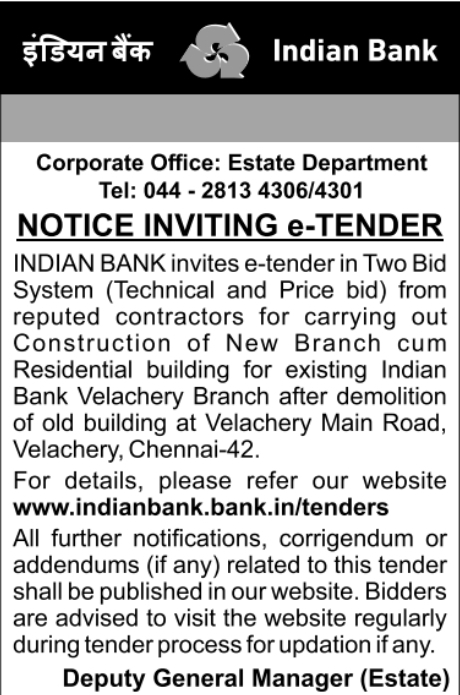 Tender Notice: Indian Bank Velachery Branch Building Construction Tender