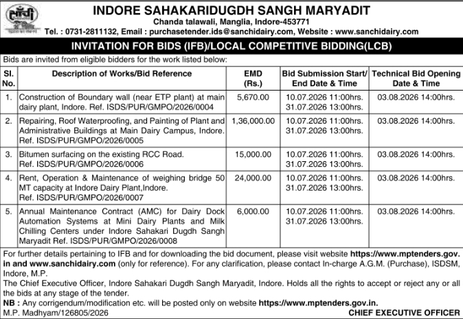 Tender Notice: Indore Sahakari Dugdh Sangh Maryadit Engineering Works