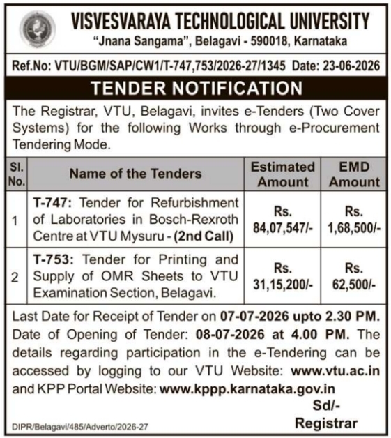 Tender Notice: Infrastructure and Printing Works by Visvesvaraya Technological University