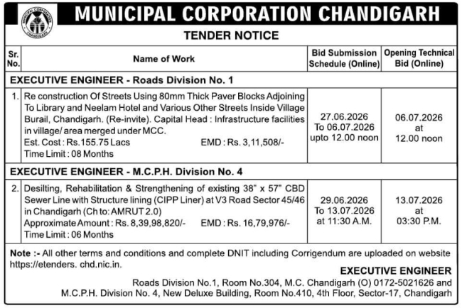 Tender Notice: Infrastructure and Sewer Projects, Municipal Corporation Chandigarh