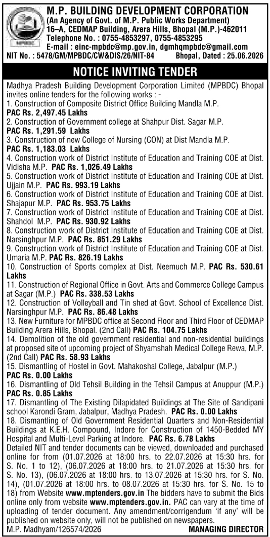 Tender Notice: Institutional Construction and Dismantling Works by MPBDC