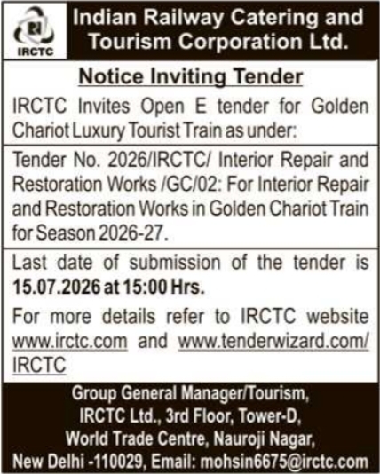 Tender Notice: Interior Repair Works for Golden Chariot Train by IRCTC
