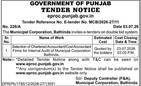 Tender Notice: Internal Audit Accounting Services