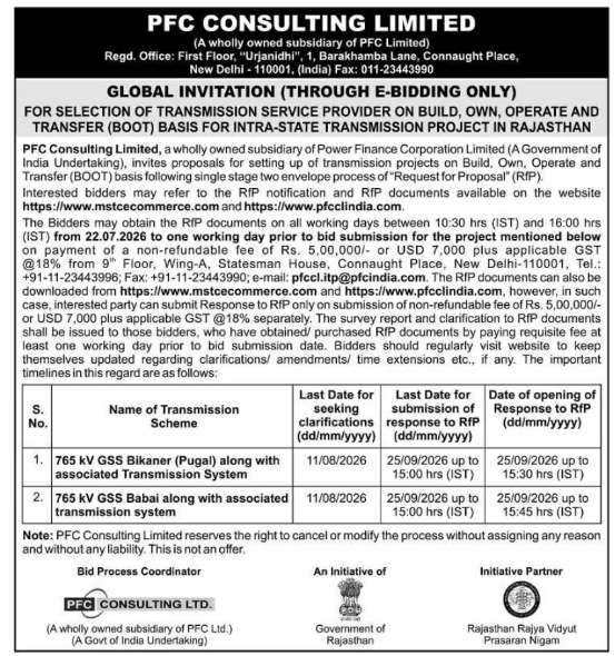 Tender Notice: Intra-State Transmission Projects in Rajasthan