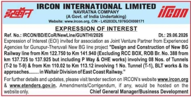 Tender Notice: IRCON Railway Line Joint Venture Partner EOI