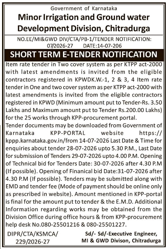 Tender Notice: Irrigation and Groundwater Development