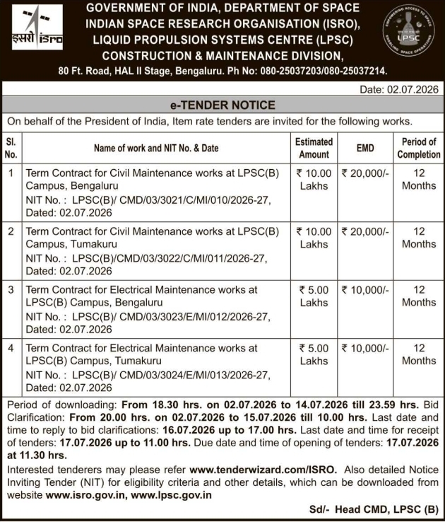 Tender Notice: ISRO LPSC Maintenance Works