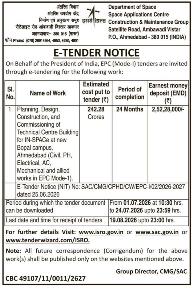 Tender Notice: ISRO SAC Construction