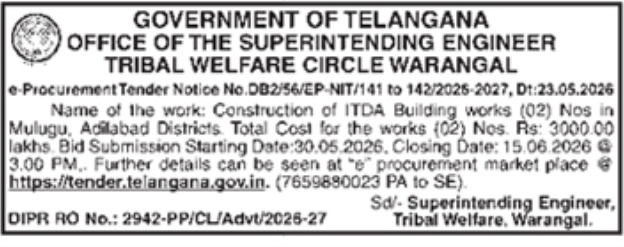 Tender Notice: ITDA Building Construction at Tribal Welfare Circle Warangal