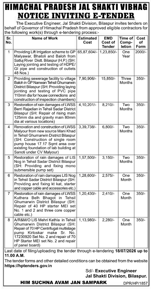 Tender Notice: Jal Shakti Division Irrigation and Infrastructure Works