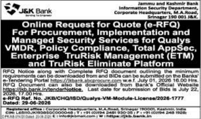 Tender Notice: J&K Bank Cybersecurity Software e-RFQ