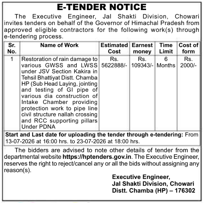 Tender Notice: JSV Chowari Kakira Water Supply Restoration