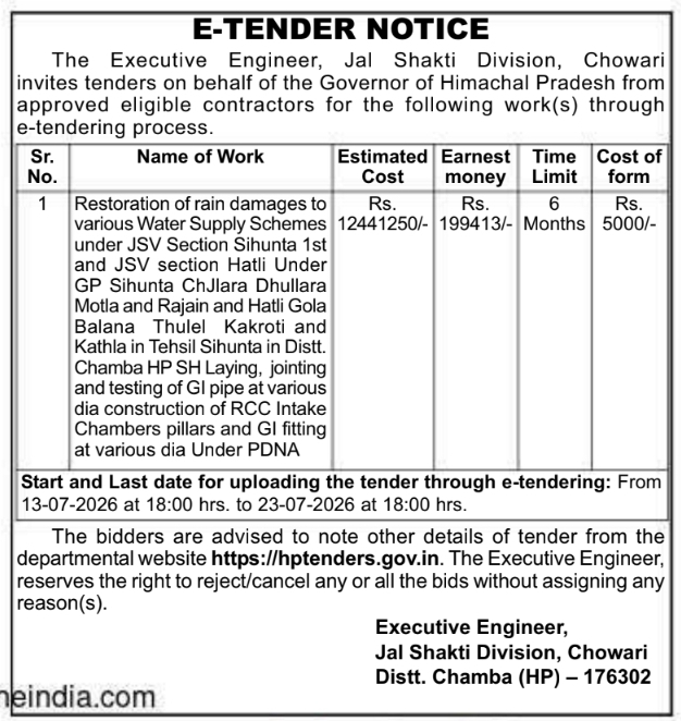 Tender Notice: JSV Chowari Water Supply Restoration Project