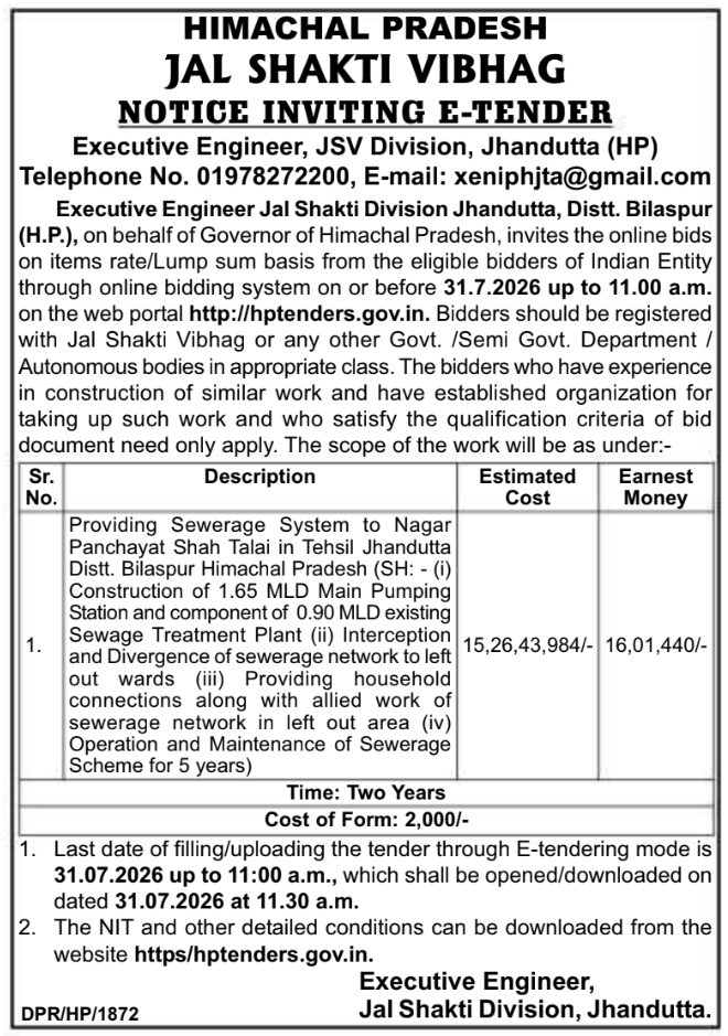 Tender Notice: JSV Jhandutta Shah Talai Sewerage Project