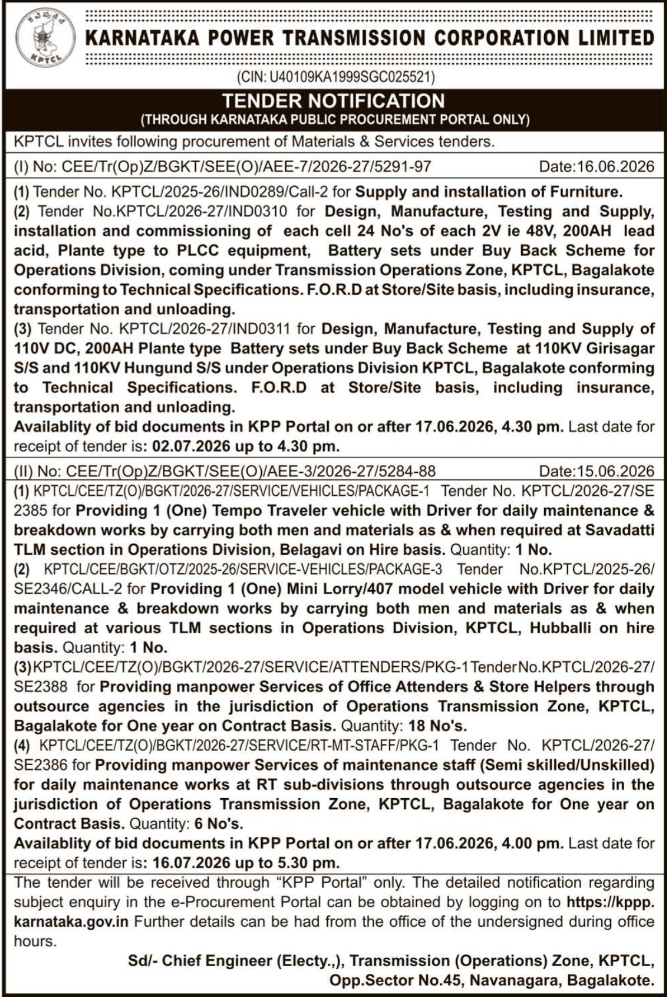 Tender Notice: KPTCL Procurement and Service Tenders