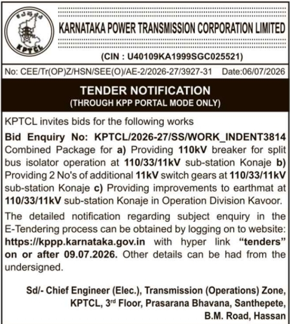 Tender Notice: KPTCL Sub-Station Electrical Works