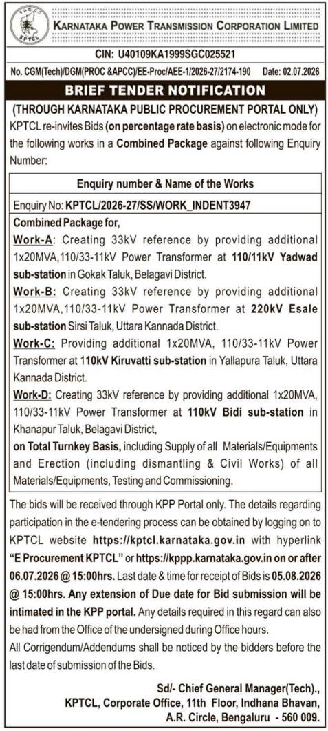 Tender Notice: KPTCL Sub-station Turnkey Works