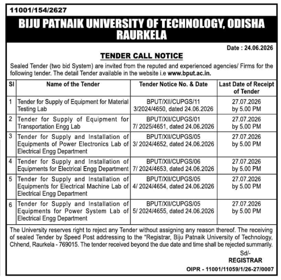Tender Notice: Lab Equipment Supply by BPUT Odisha