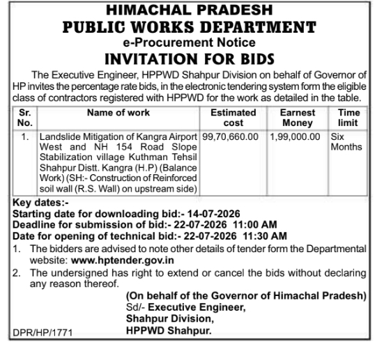 Tender Notice: Landslide Mitigation Works