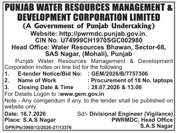 Tender Notice: Laptop Procurement for Punjab Water Resources