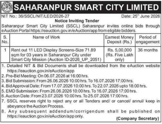 Tender Notice: LED Screen Rental Auction by Saharanpur Smart City