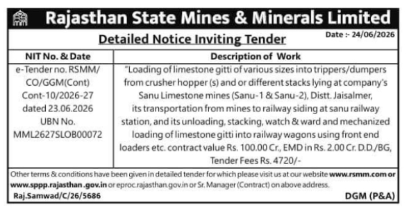 Tender Notice: Limestone Mining Works by RSMML