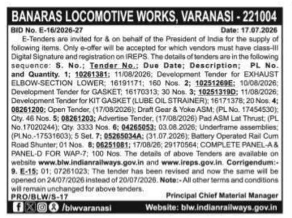 Tender Notice: Locomotive Components Procurement