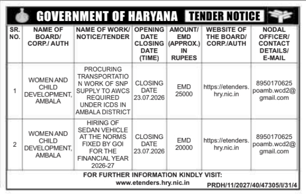 Tender Notice: Logistics and Vehicle Hiring for WCD Ambala