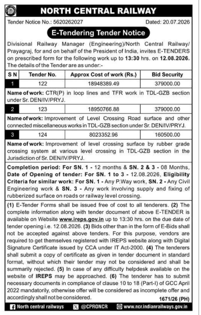 Tender Notice: Loop Line Track Renovation and Level Crossing Improvements