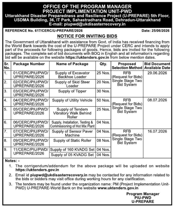 Tender Notice: Machinery and Vehicle Procurement by Uttarakhand PIU-PWD